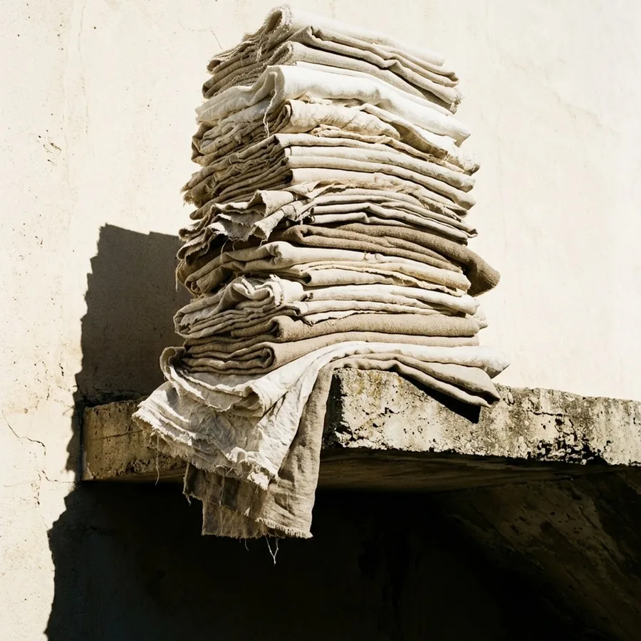 Stack of raw linen and silk forming a sculptural monolith on concrete